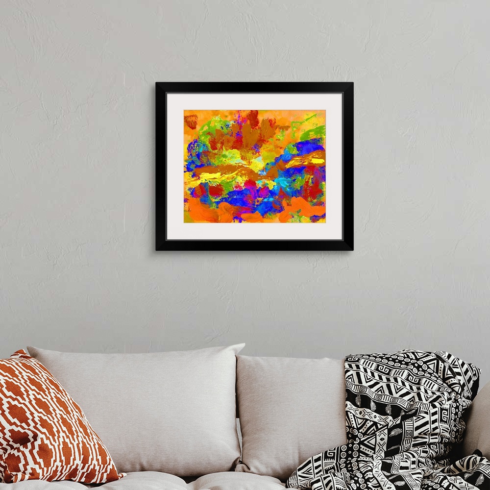 A bohemian room featuring Abstract painting Palm Springs Swagger by RD Riccoboni. Orange, blue, yellow, green and reds in a...