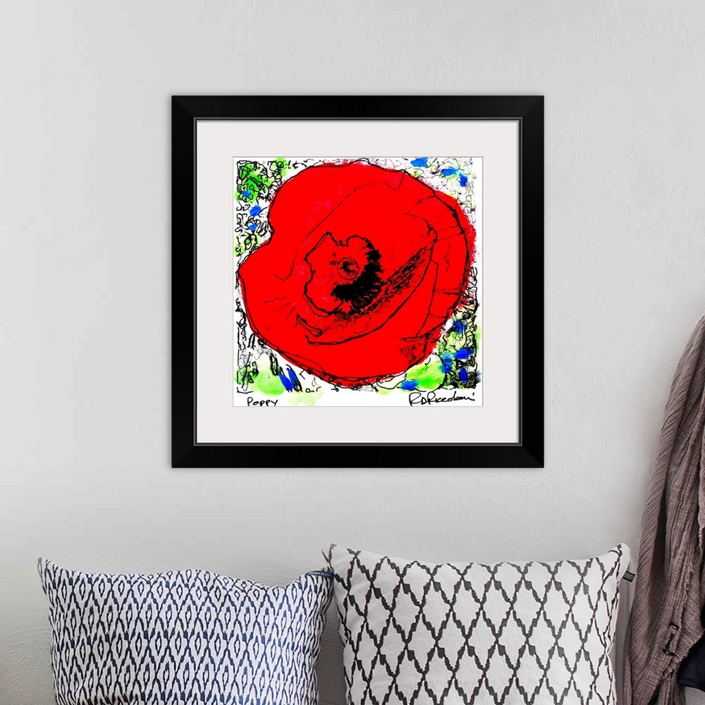 A bohemian room featuring Red Poppy By RD Riccoboni.  Modern Pop Art Style Flower painting of Red Poppy By California artis...