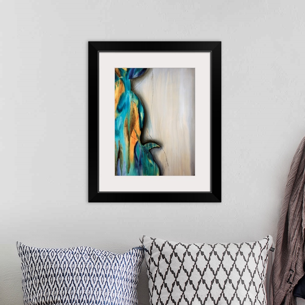 A bohemian room featuring Vertical abstract artwork created by a contemporary artist. Two different color palettes and text...