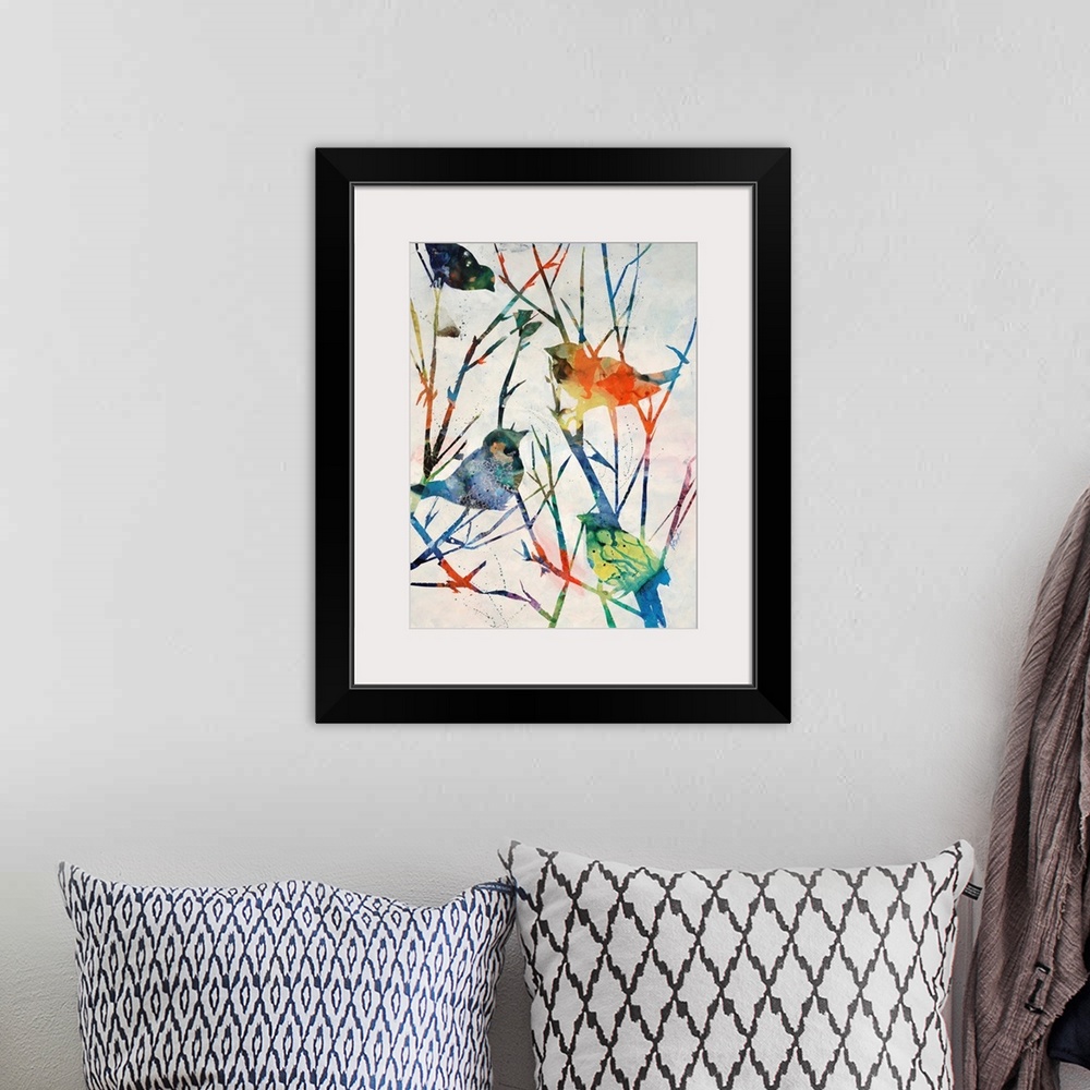 A bohemian room featuring Contemporary art of four multicolored birds perched on bare tree branches that are vibrantly colo...