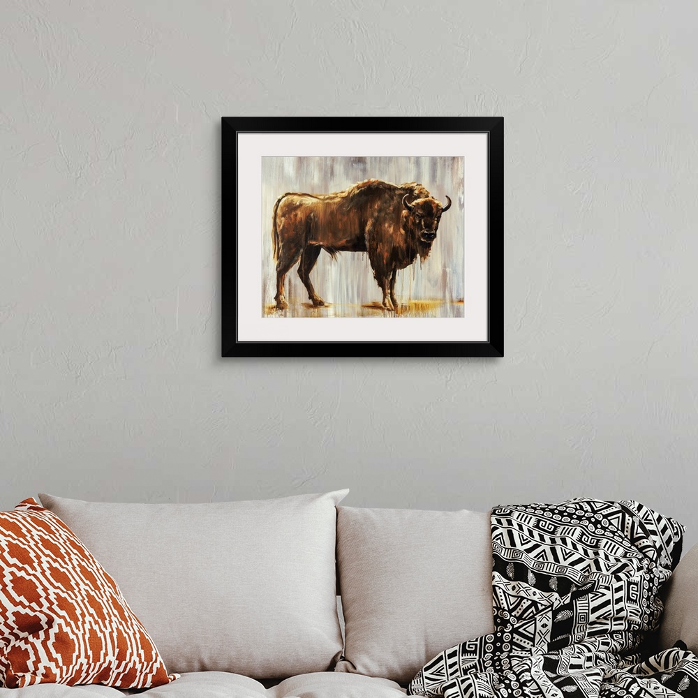 A bohemian room featuring Contemporary portrait of a bison in front of a gray-streaked background.
