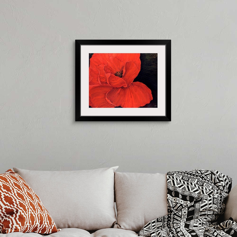 A bohemian room featuring A decorative accent for the home or office this painting is a poppy with its petals spread wide o...