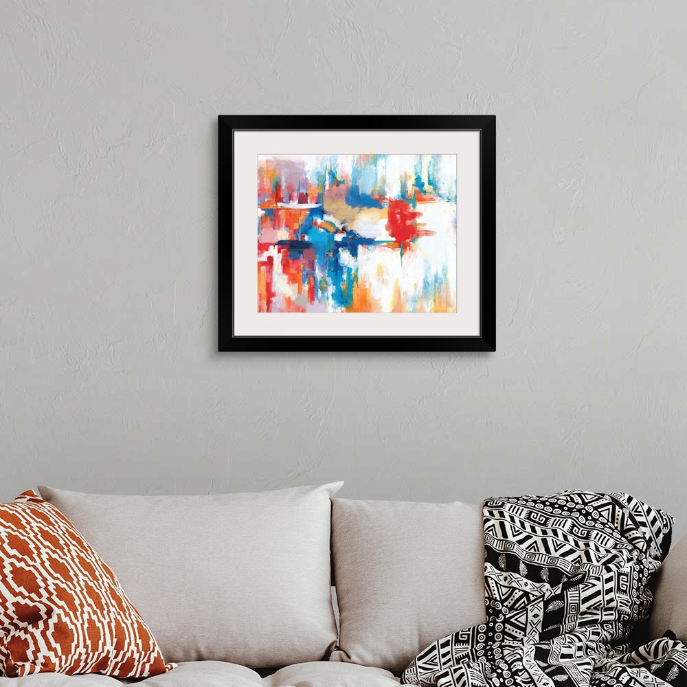 A bohemian room featuring A contemporary abstract painting using horizontal arrangement of colors.