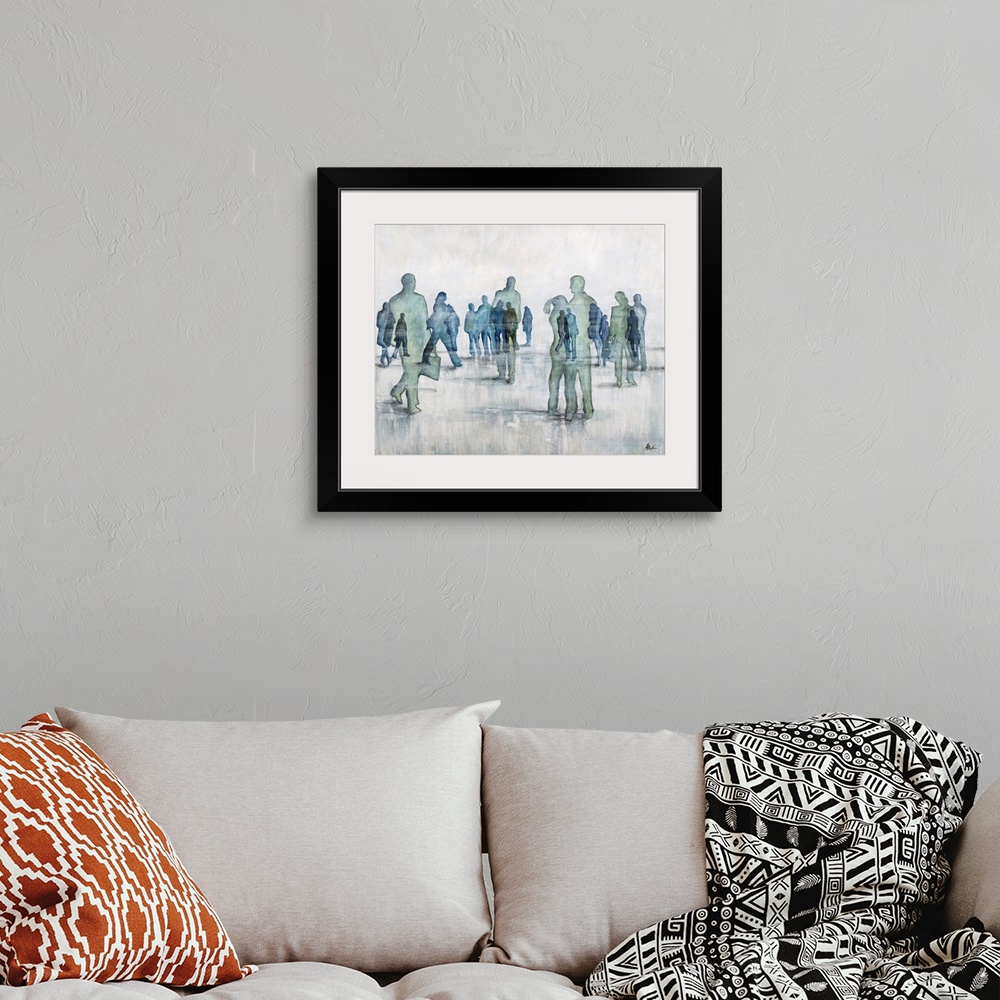 A bohemian room featuring Contemporary painting of transparent figures in cool tones gathering.