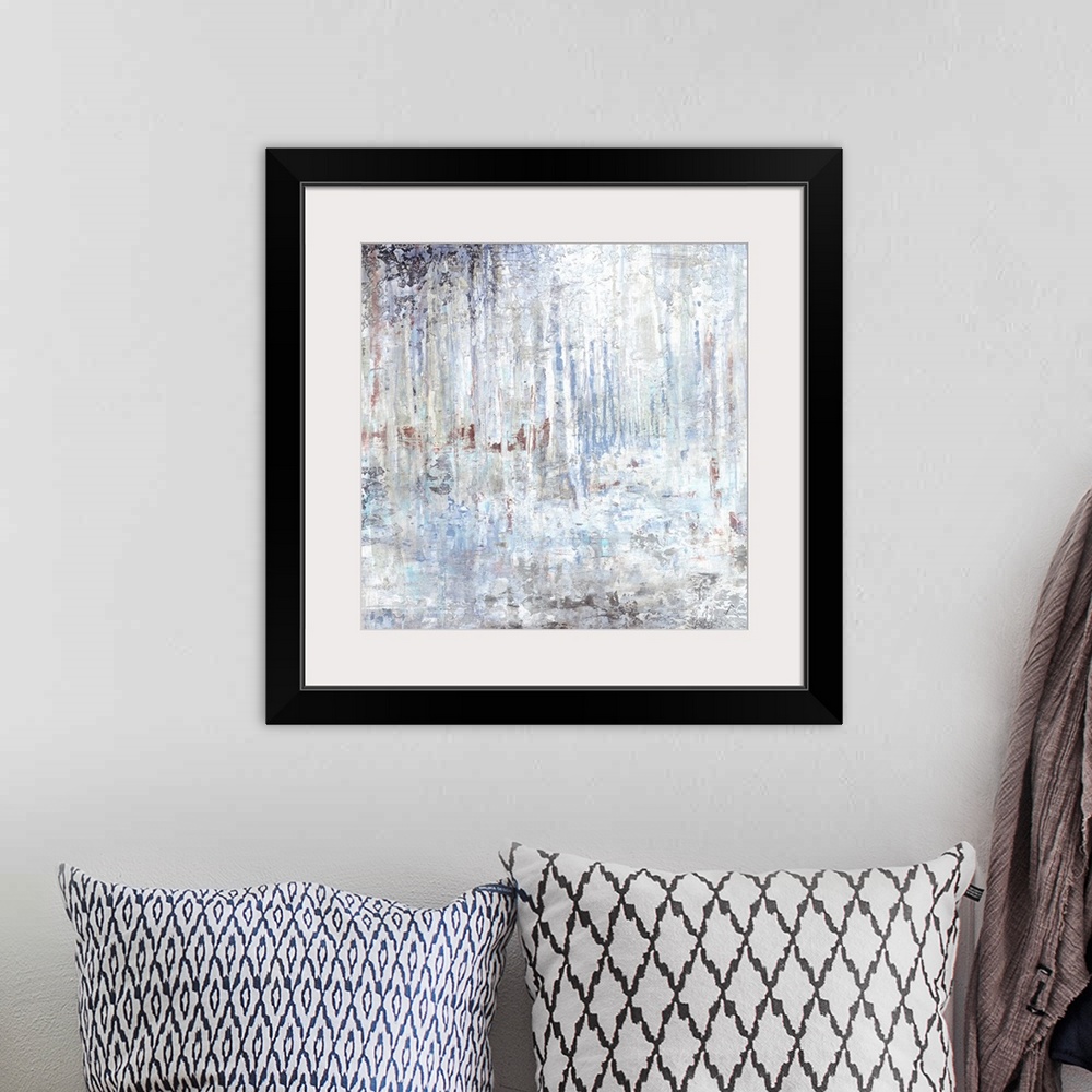 A bohemian room featuring Contemporary abstract painting using muted tones of gray.