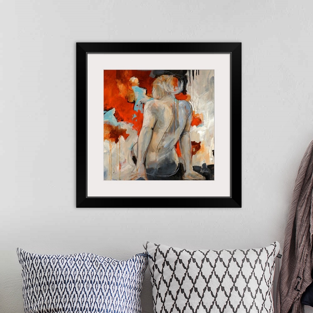 A bohemian room featuring Figurative art work of a female nude from behind and abstract background. This square wall art wo...