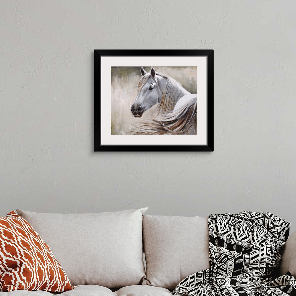 A bohemian room featuring Contemporary painting of a white horse and its flowing mane in front of a neutral background.
