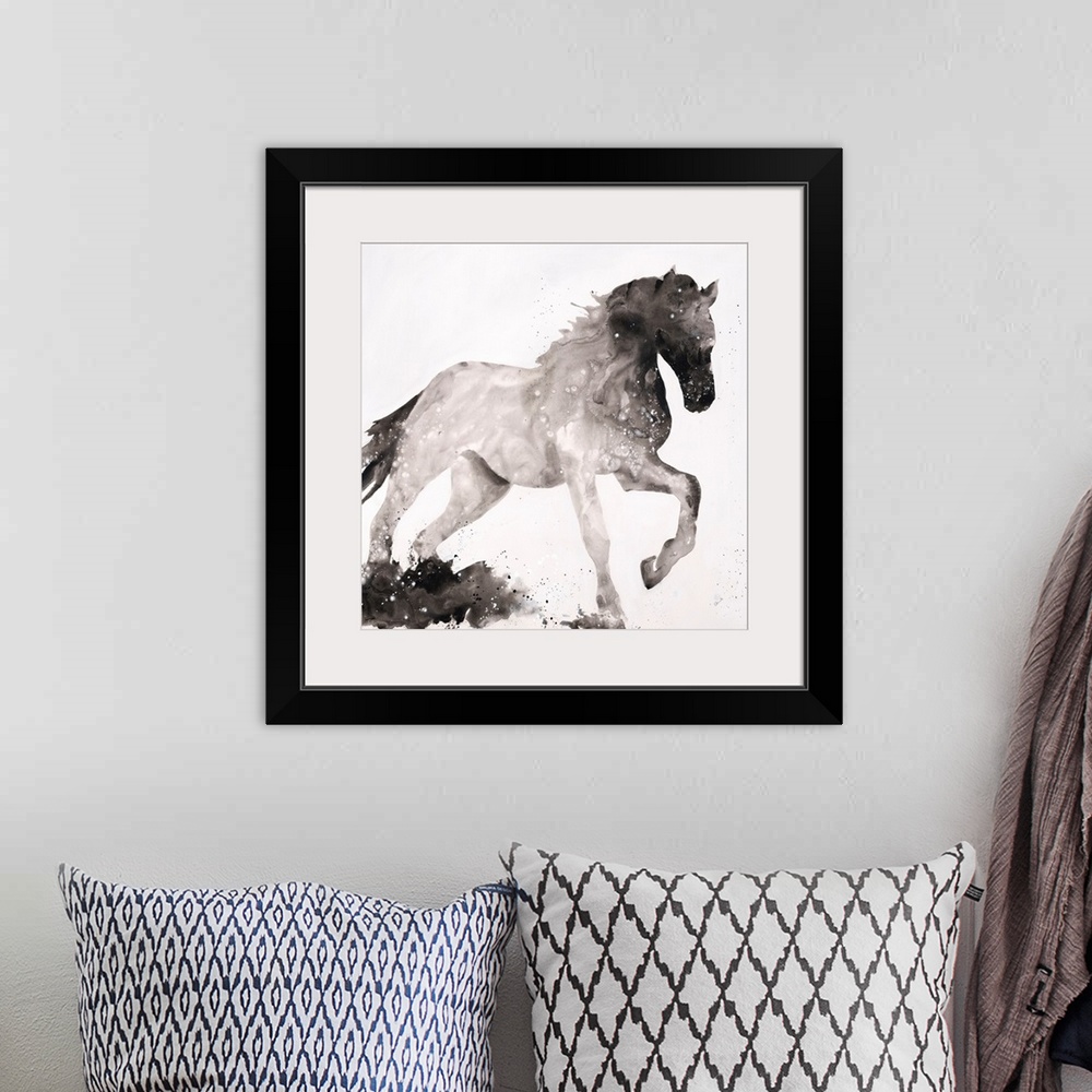 A bohemian room featuring Silhouette of a horse with its front leg up in shades of black and gray on a white, square backgr...