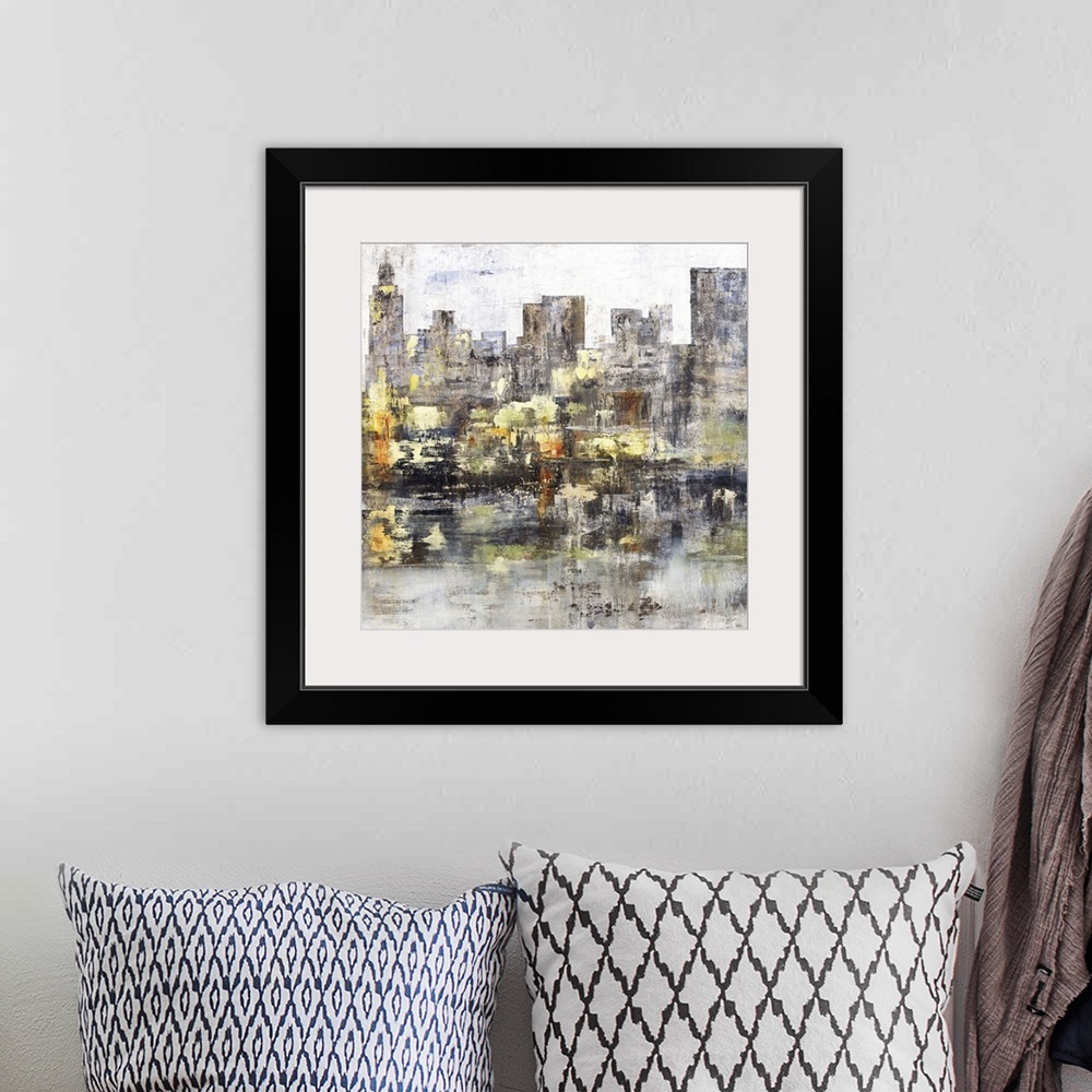 A bohemian room featuring Square abstract painting of a city skyline with tall buildings in dark shades of gray and brown w...