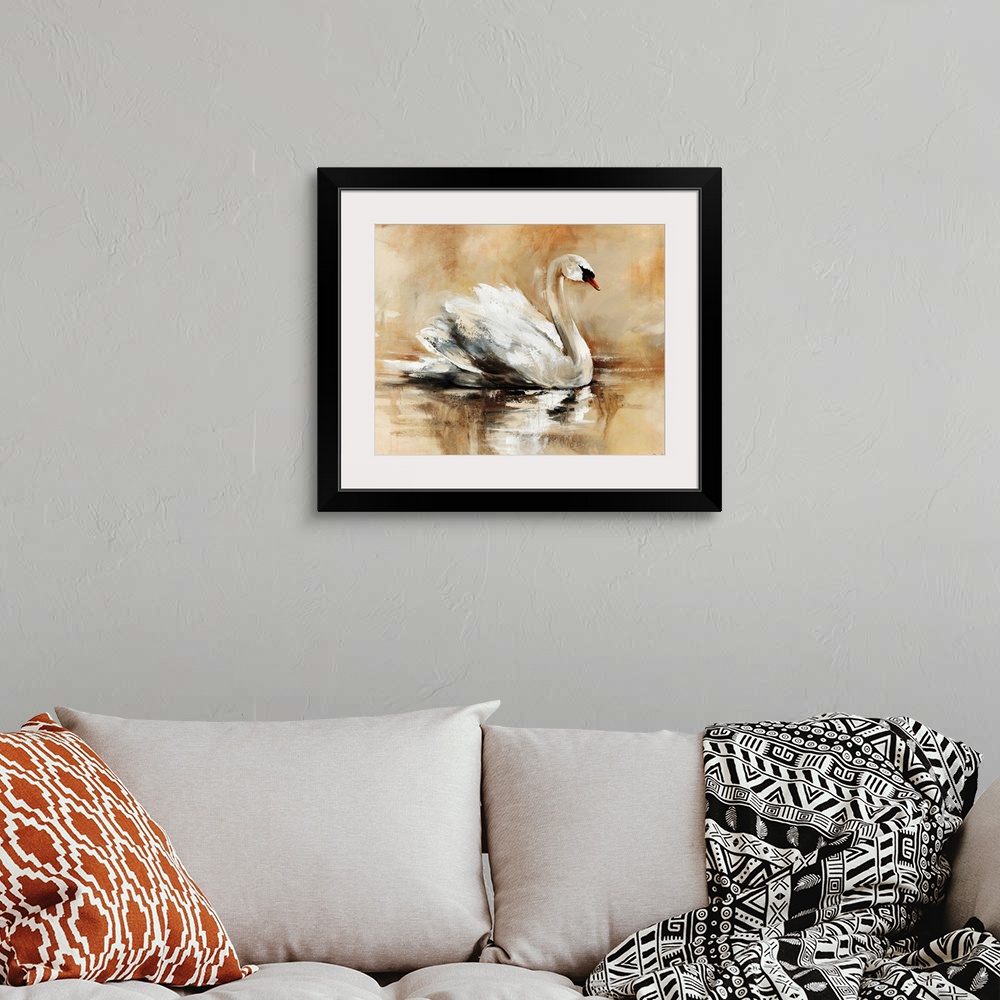 A bohemian room featuring Abstrated painting of a beautiful swan floating gracefully atop a lake.
