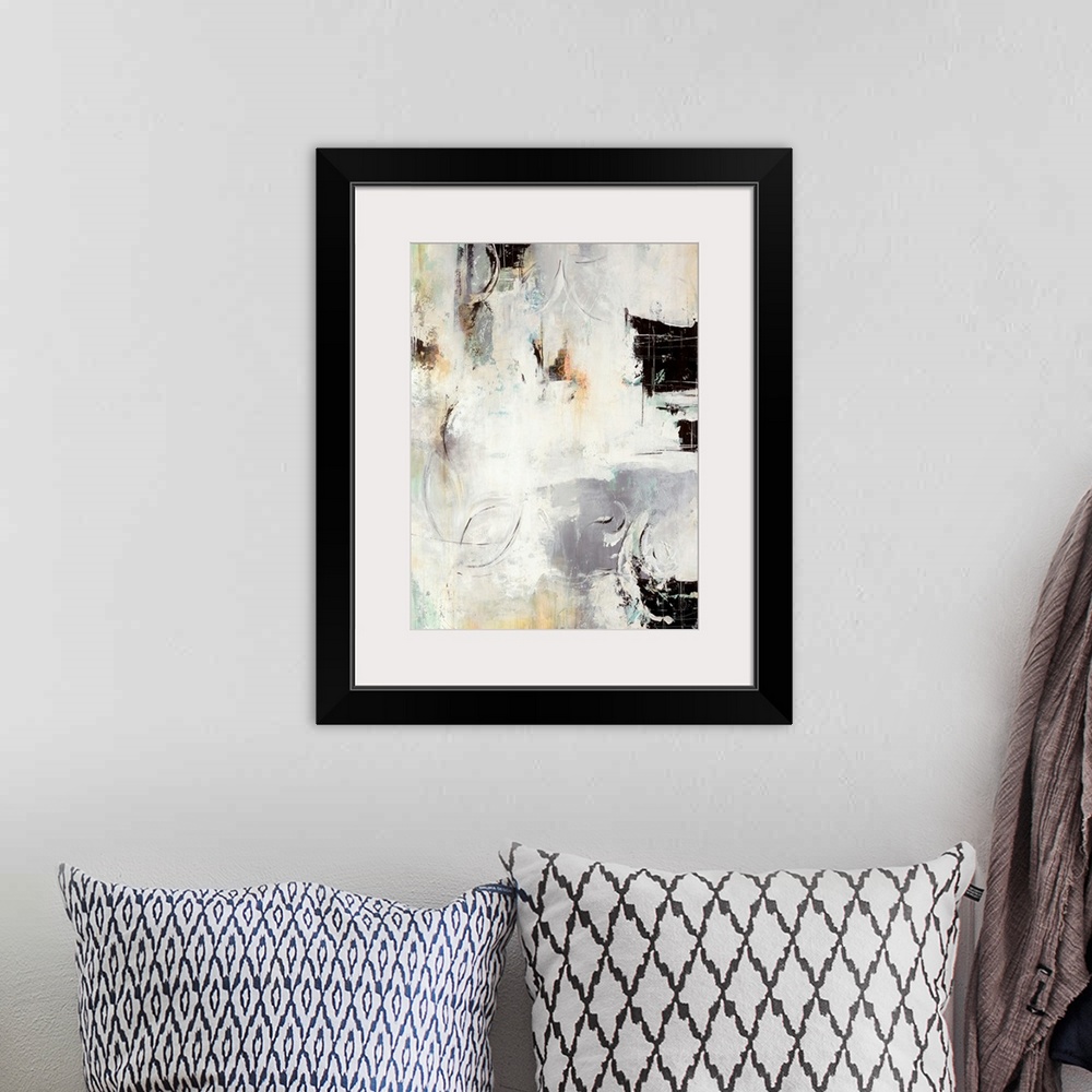 A bohemian room featuring This vertical abstract painting is a variety of textures accentuated by areas dark paint smears i...