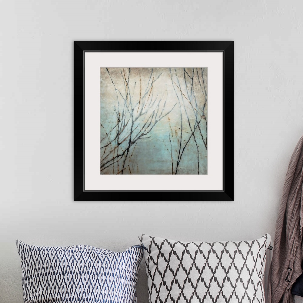 A bohemian room featuring Painting of tree limbs on top of a grungy backdrop on a square canvas.