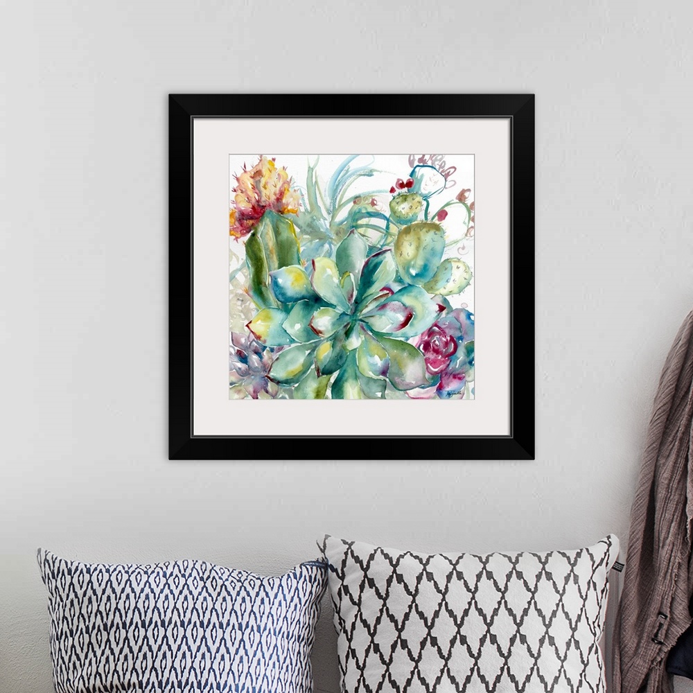 A bohemian room featuring A square decorative watercolor painting of a group of succulents in a garden.