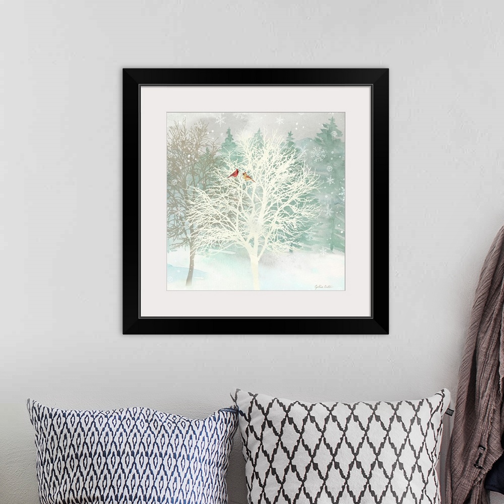 A bohemian room featuring A group of bare trees with red birds as snowflakes fall.