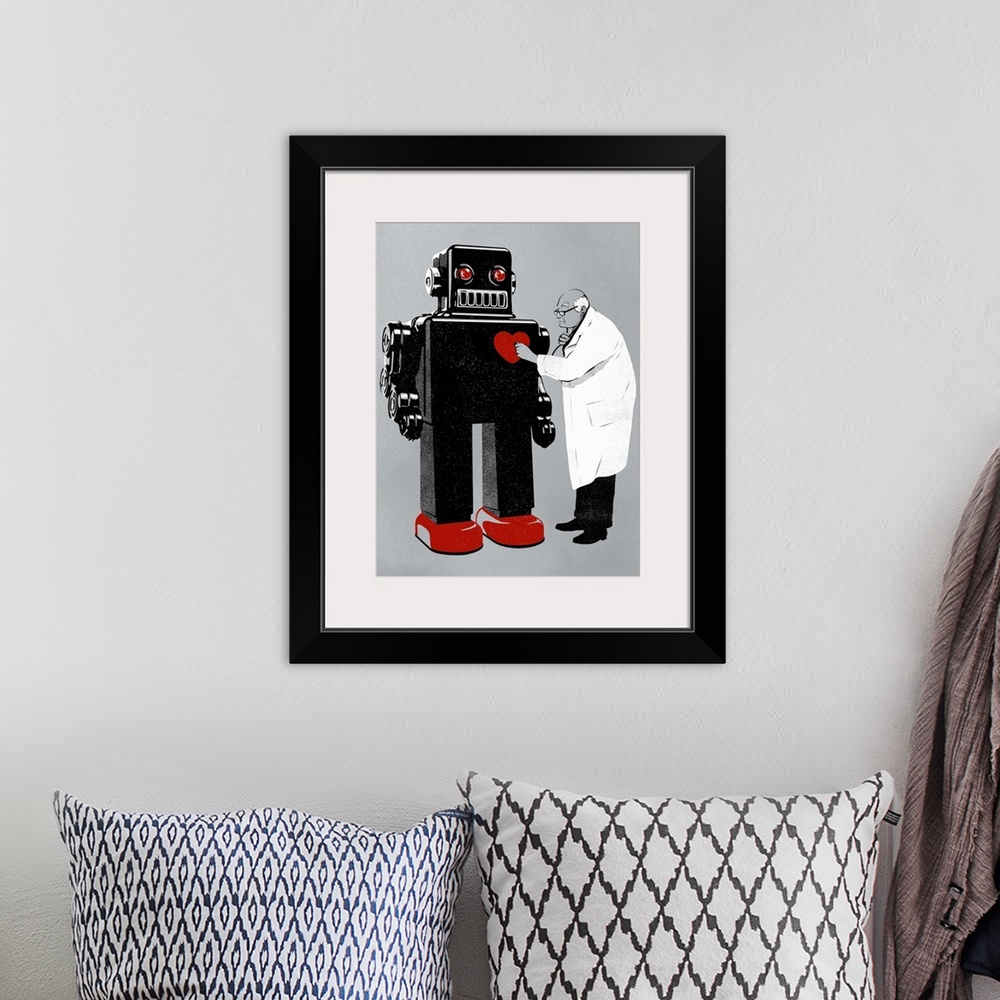 A bohemian room featuring An elderly doctor listening with his stethoscope to the red hear of a vintage style robot.