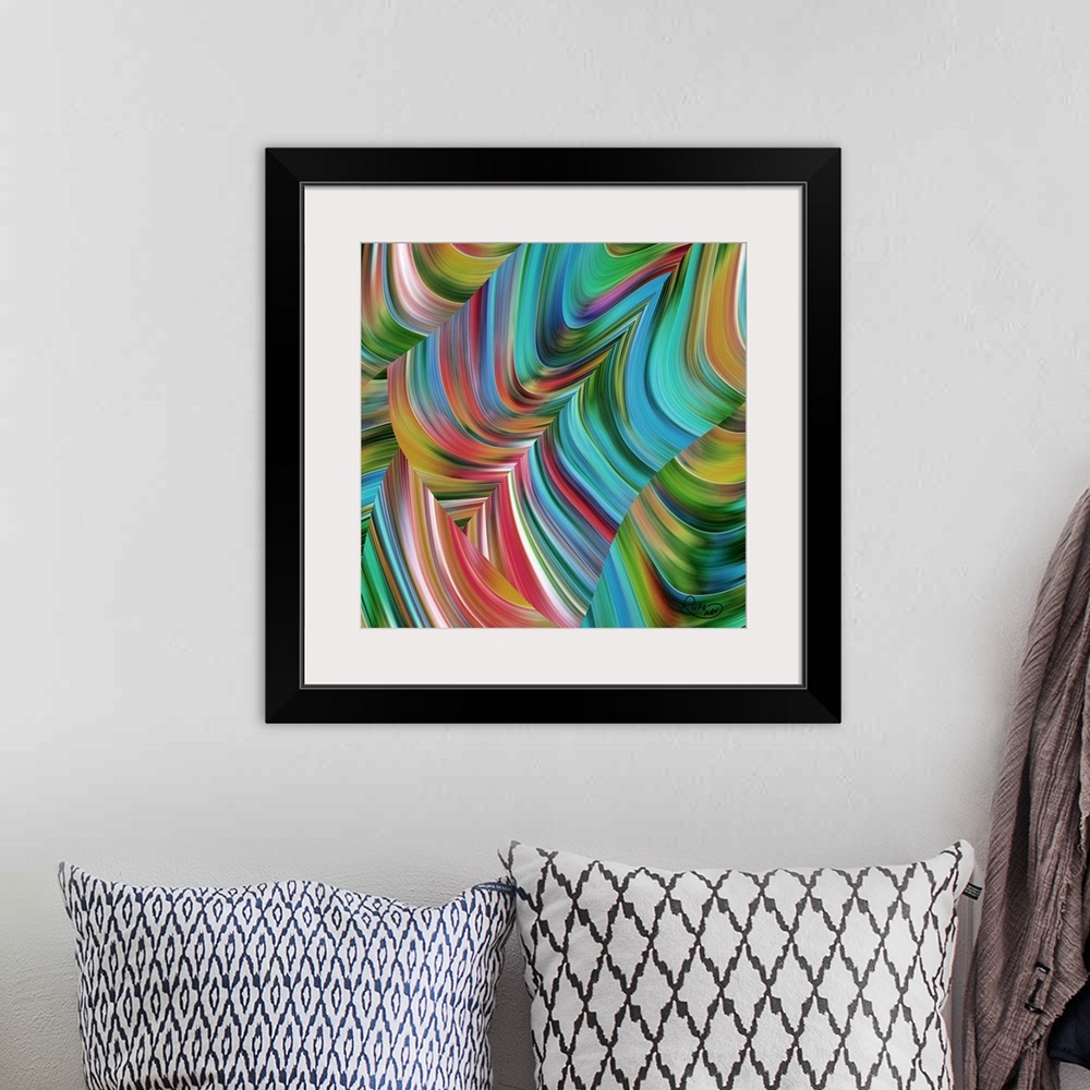 A bohemian room featuring Square abstract art with gradients of color made out of thin lines and arched together creating m...