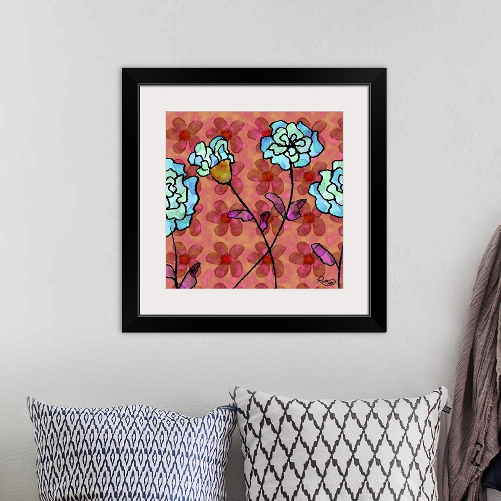 A bohemian room featuring Square abstract art with blue flowers outlined in black on a red and pink background with a flora...