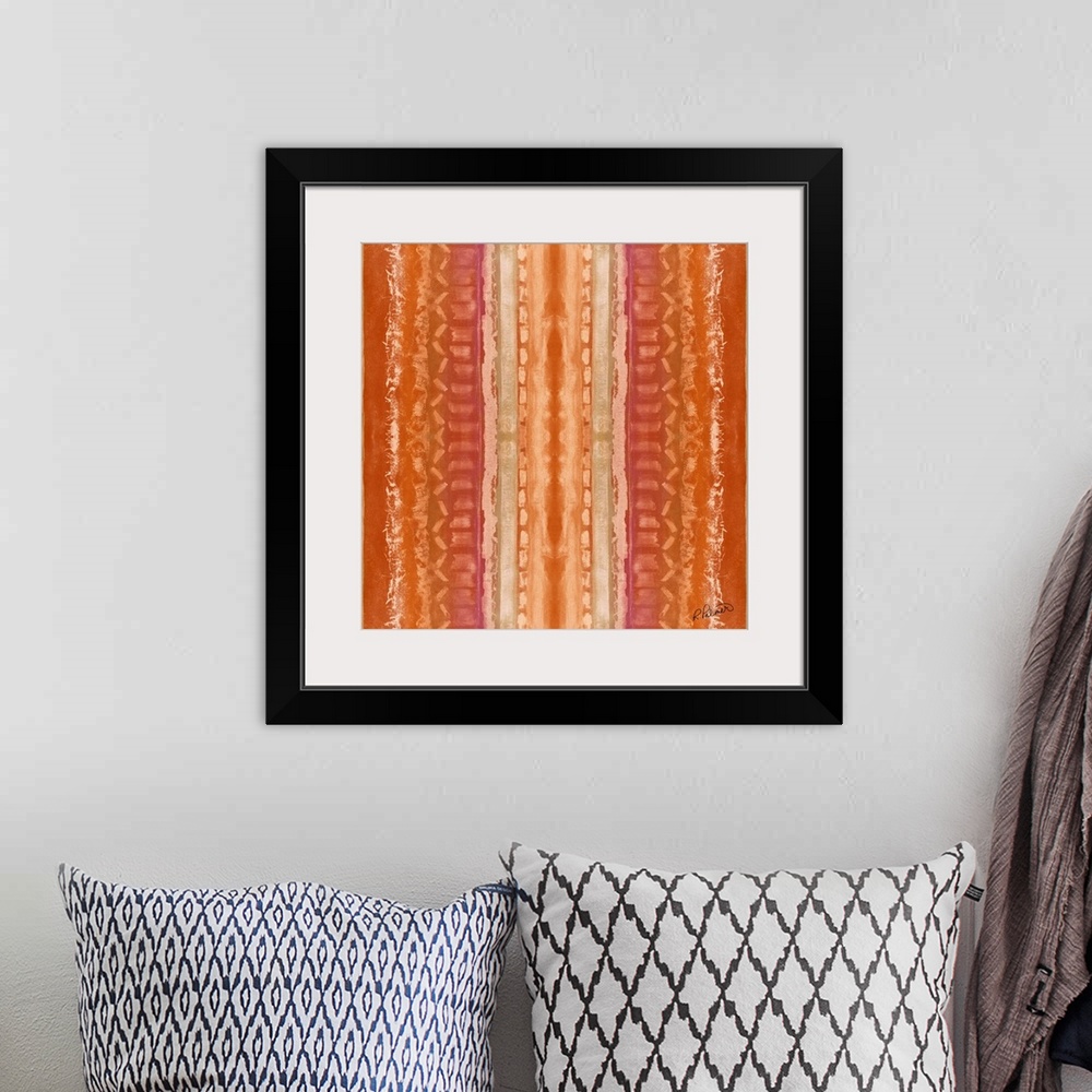 A bohemian room featuring Square contemporary artwork of vertical textured lines in different designs against an orange bac...