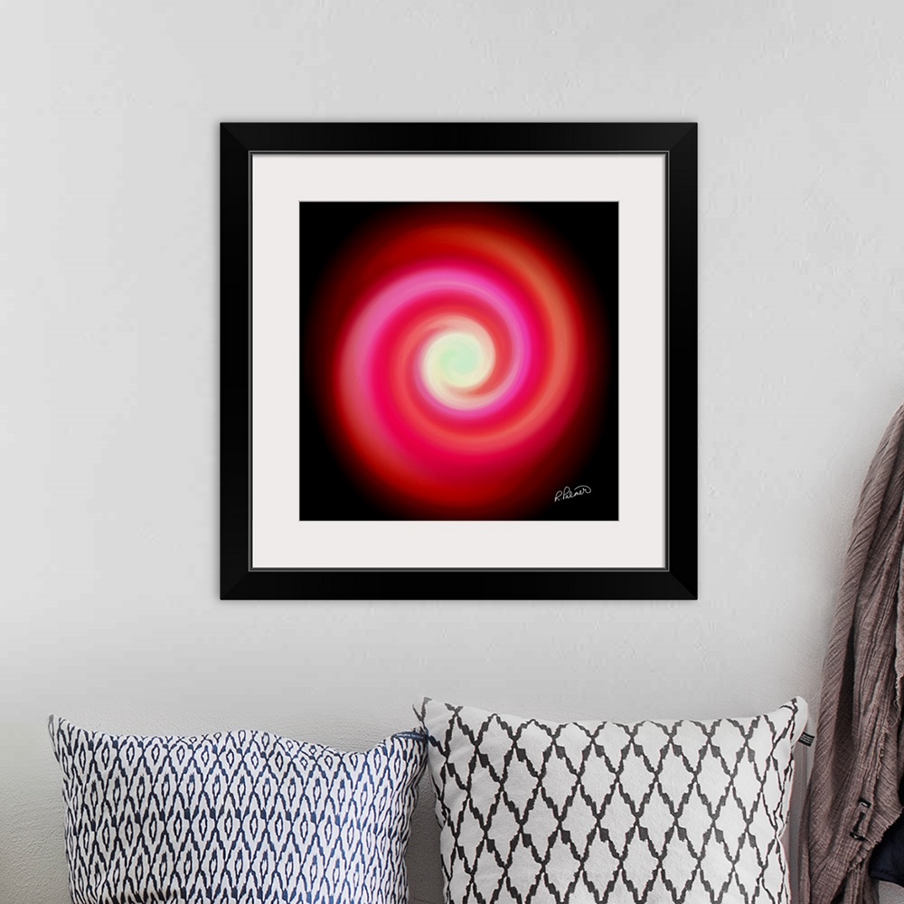 A bohemian room featuring Square image of swirls of colors in red and pink, forming a circle.
