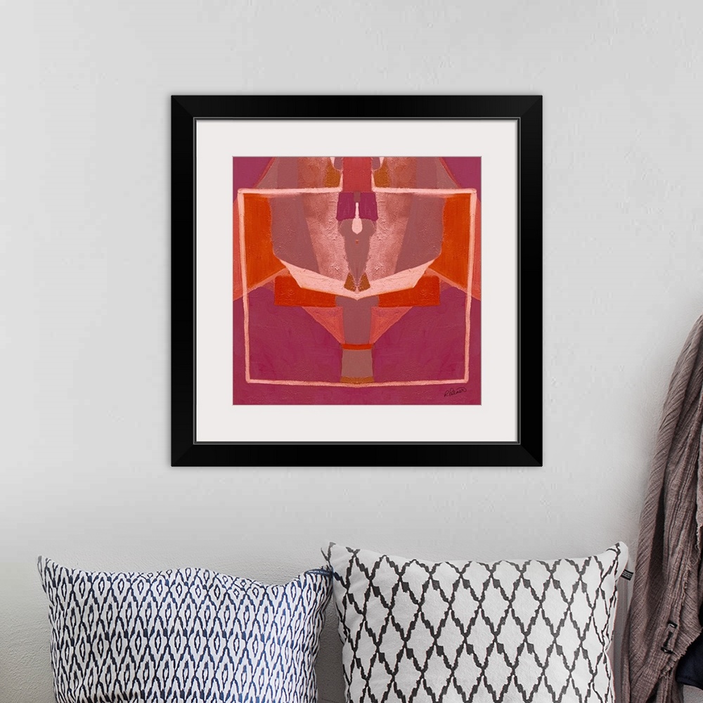 A bohemian room featuring Square abstract painting with pink and orange symmetrical designs.