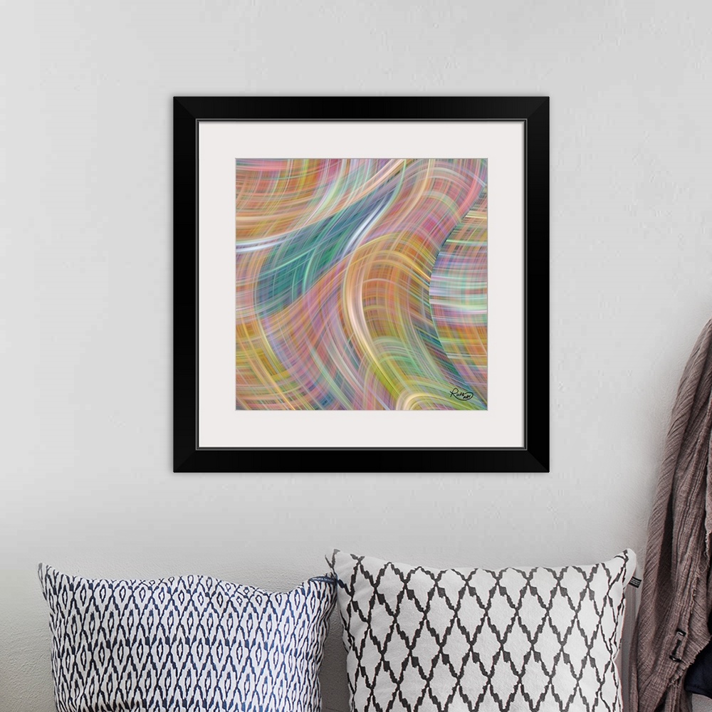 A bohemian room featuring Square abstract of striped swirled shapes in a multi-colored design.