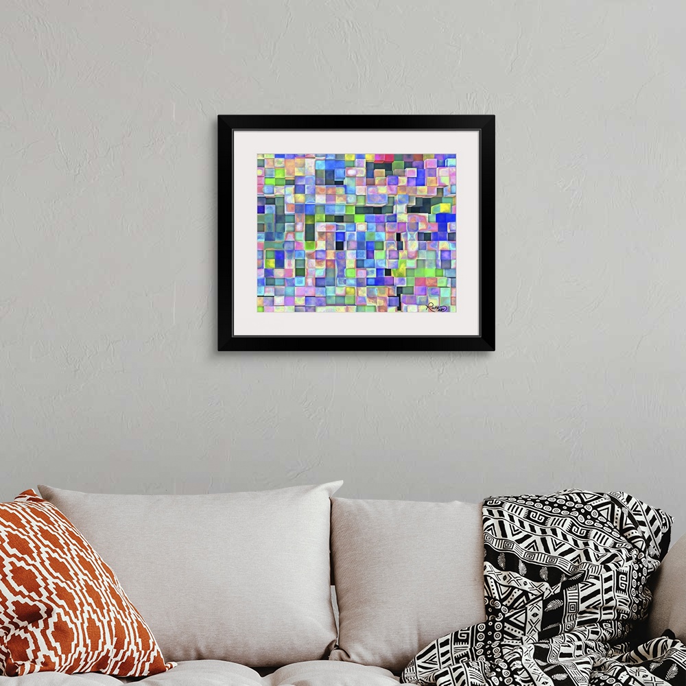 A bohemian room featuring Square abstract art that is made up of squares filled with color creating a tile pattern