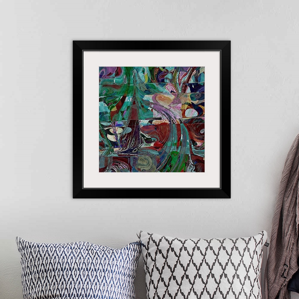 A bohemian room featuring Square abstract art with a busy design filled with dark hues.