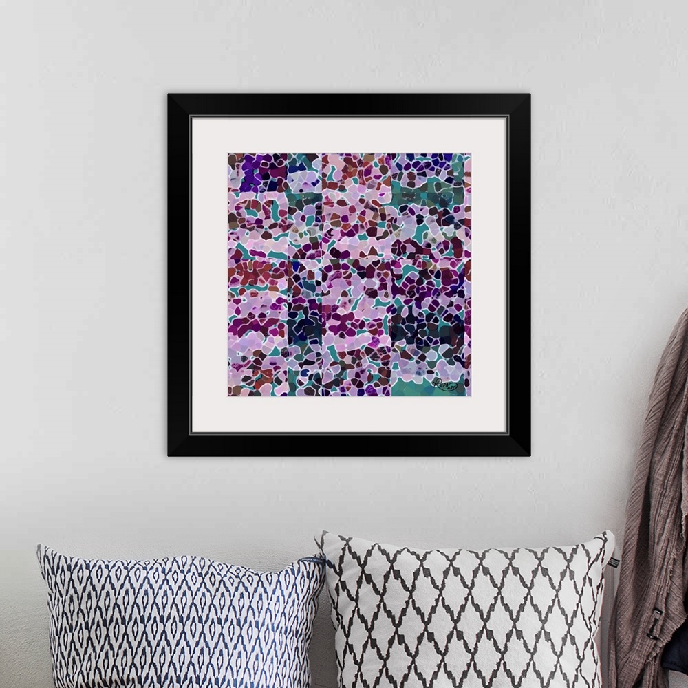 A bohemian room featuring Square abstract art with various shades of purple shapes combined together on a teal background m...
