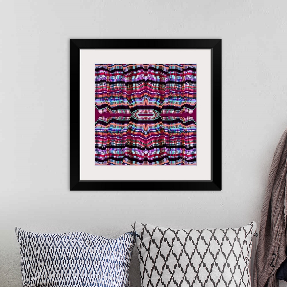 A bohemian room featuring A square image of a plaid design.
