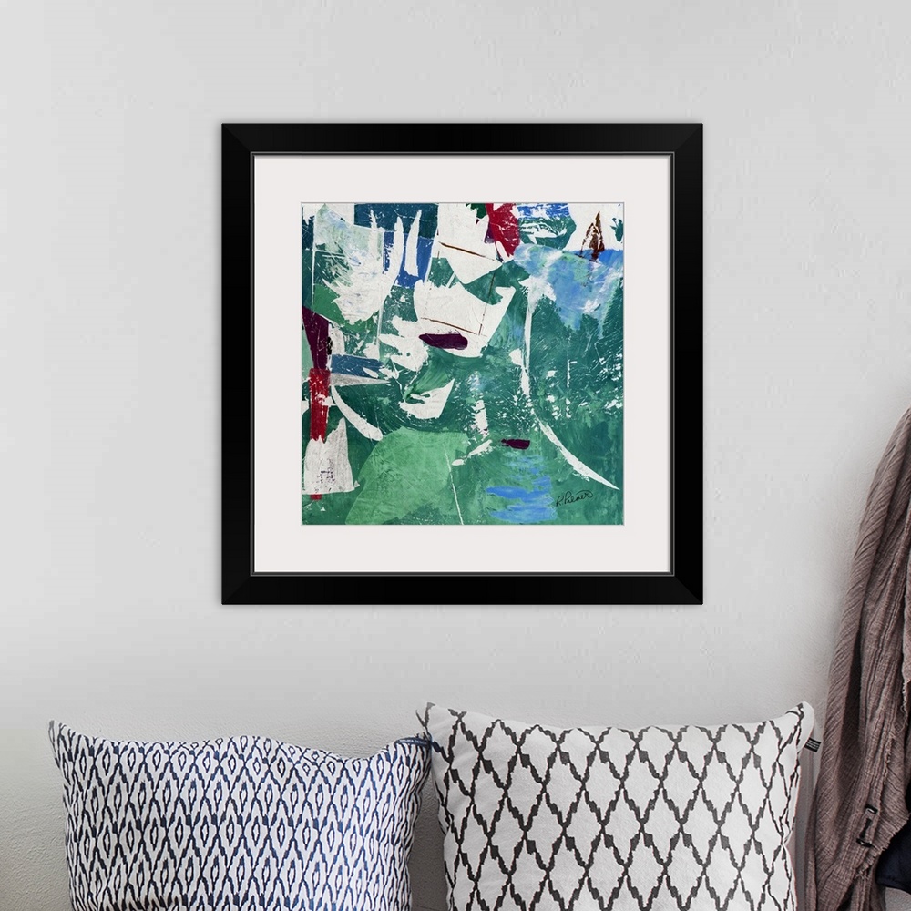 A bohemian room featuring Square abstract painting with green and blue shapes on the background and deep purple and red des...