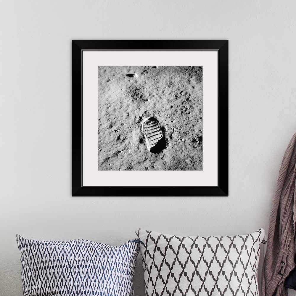 A bohemian room featuring Apollo 11 bootprint on Moon. This bootprint was made by US astronaut Buzz Aldrin (born 1930), the...