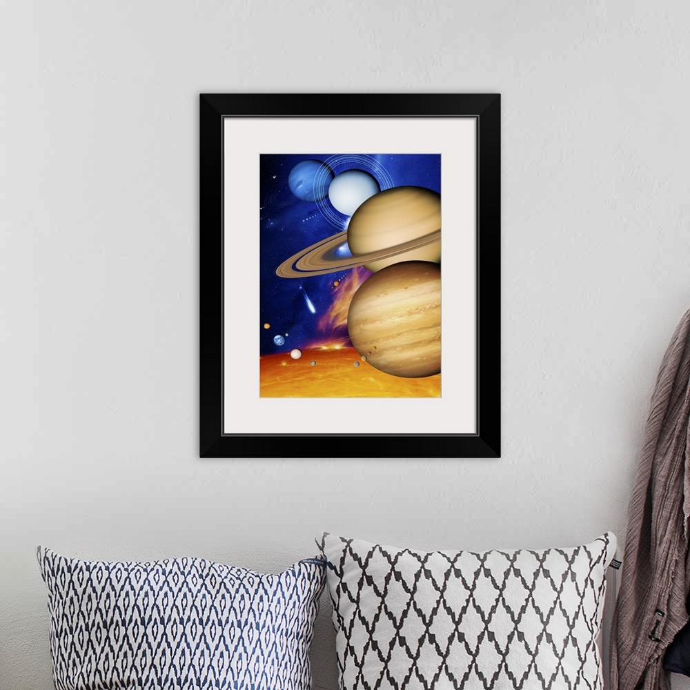 A bohemian room featuring Sun and its planets. Artwork of the nine planets of the solar system and the Sun (across bottom)....
