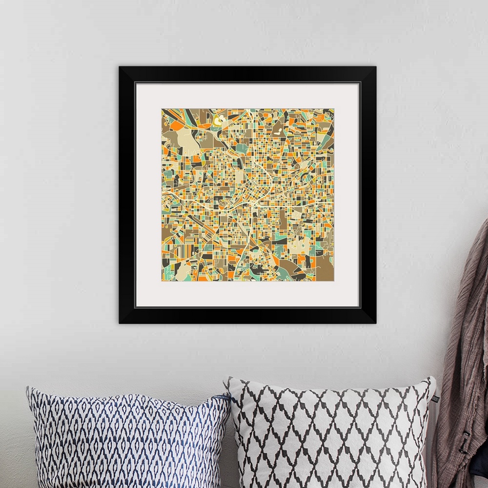 A bohemian room featuring Colorfully illustrated aerial street map of Atlanta, Georgia on a square background.