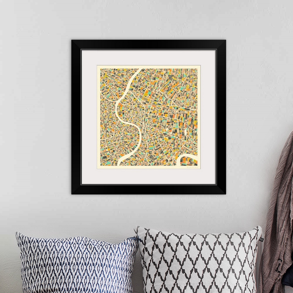A bohemian room featuring Colorfully illustrated aerial street map of Bangkok, Thailand on a square background.