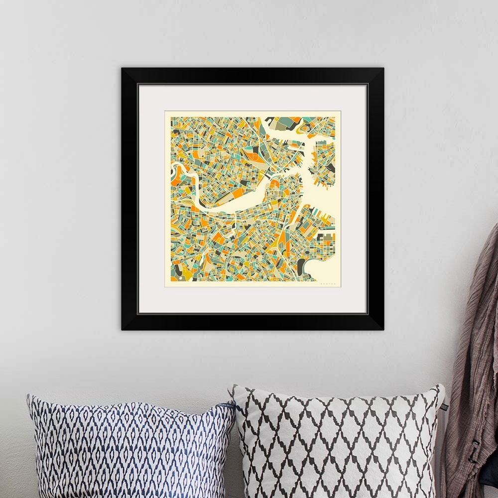 A bohemian room featuring Colorfully illustrated aerial street map of Boston, Massachusetts on a square background.