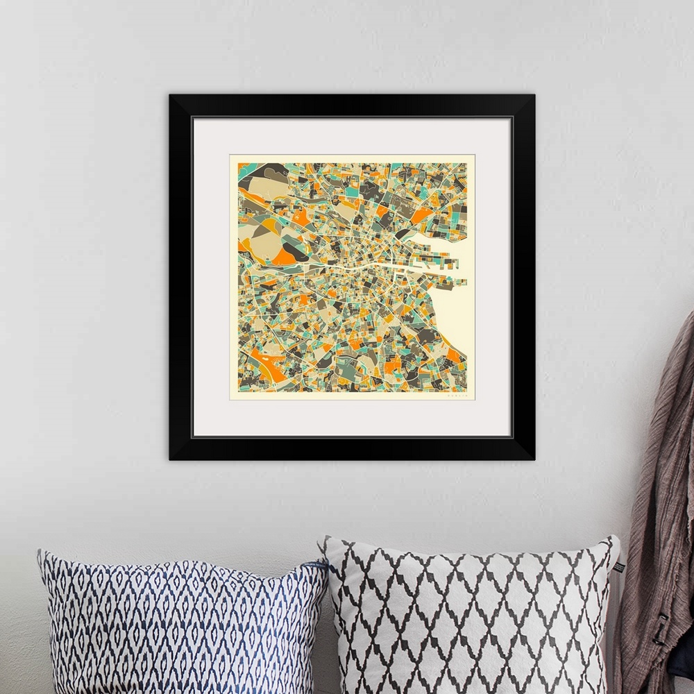 A bohemian room featuring Colorfully illustrated aerial street map of Dublin, Ireland on a square background.