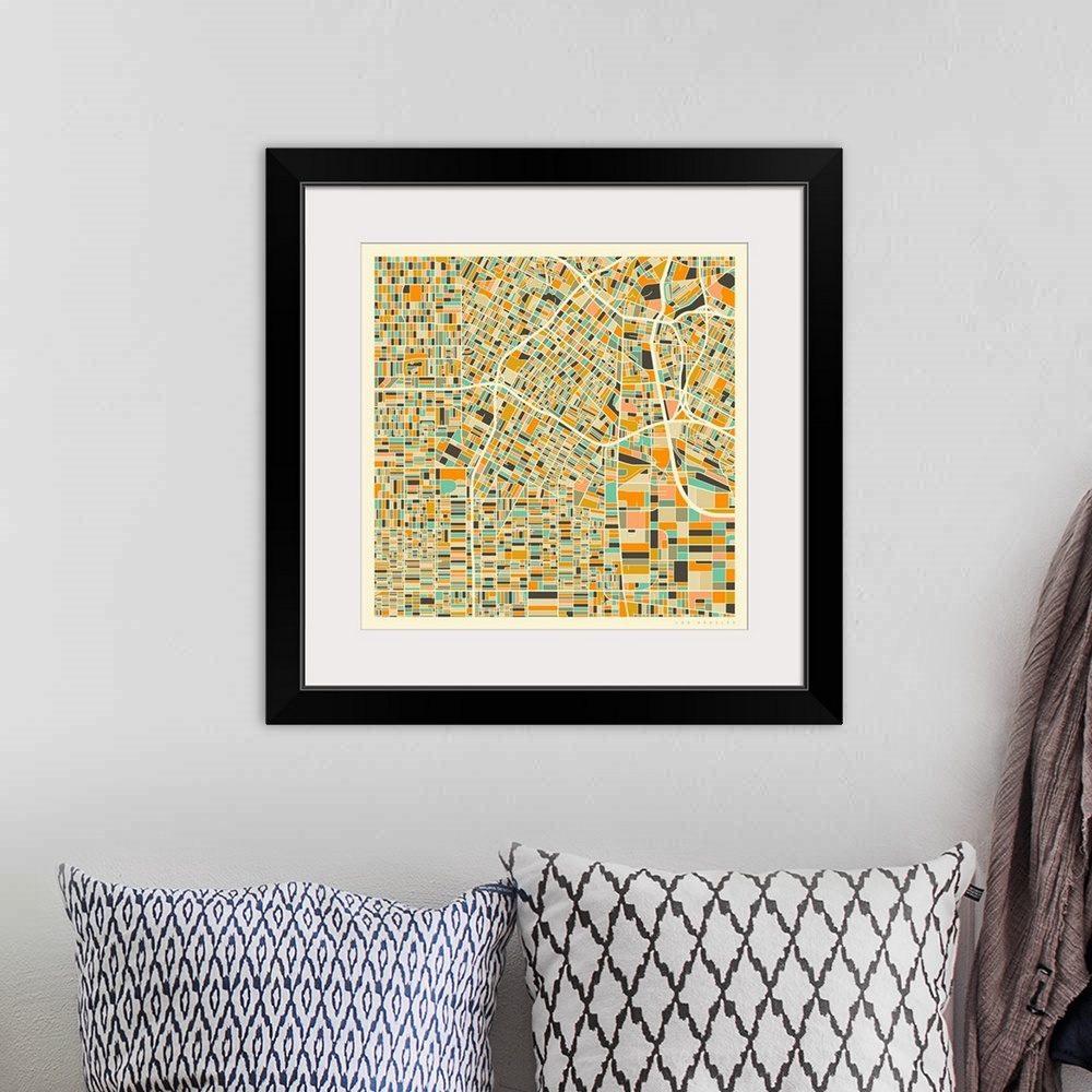 A bohemian room featuring Colorfully illustrated aerial street map of Los Angeles, California on a square background.