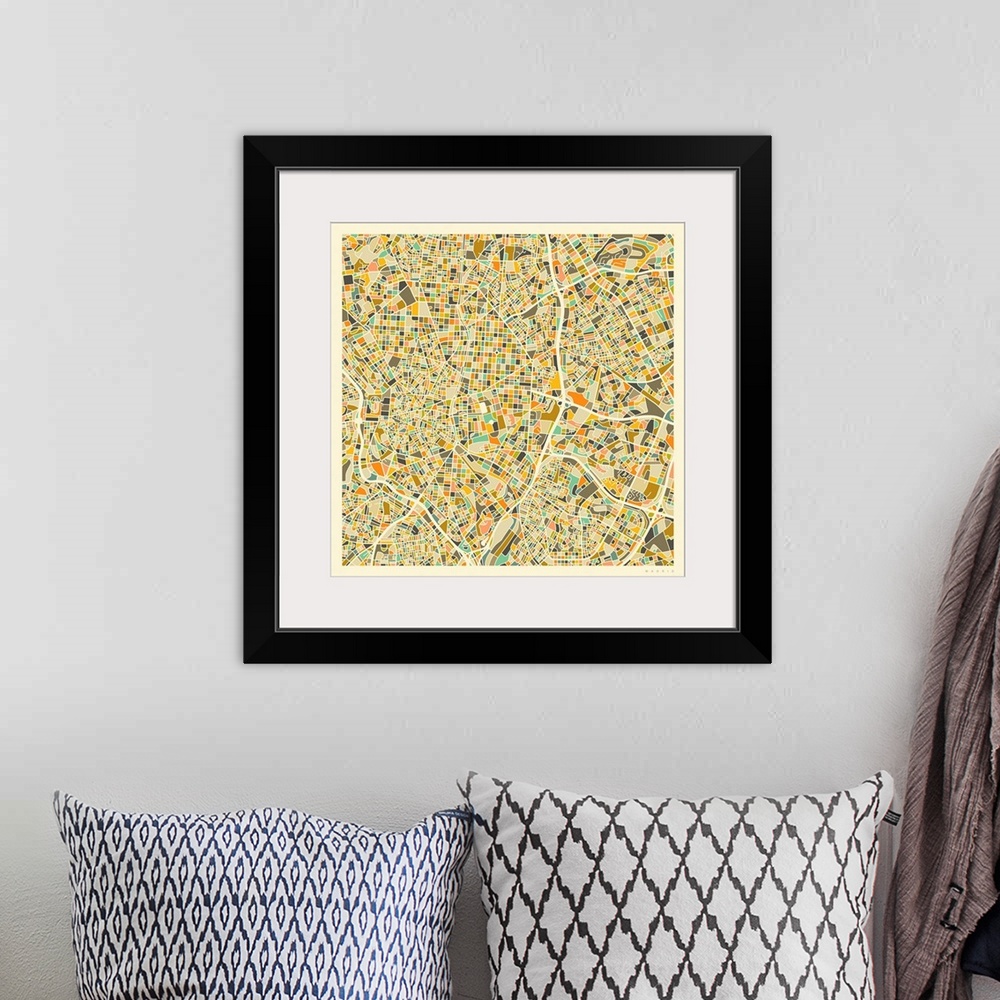 A bohemian room featuring Colorfully illustrated aerial street map of Madrid, Spain on a square background.