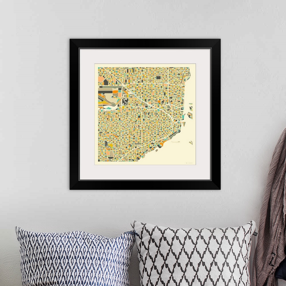 A bohemian room featuring Colorfully illustrated aerial street map of Miami, Florida on a square background.