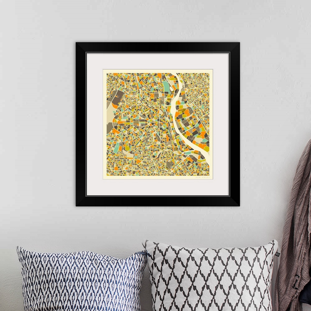 A bohemian room featuring Colorfully illustrated aerial street map of New Delhi, India on a square background.