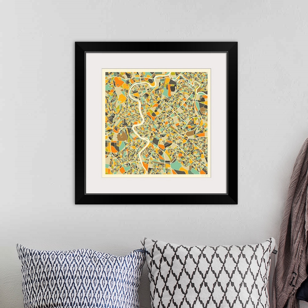 A bohemian room featuring Colorfully illustrated aerial street map of Rome, Italy on a square background.