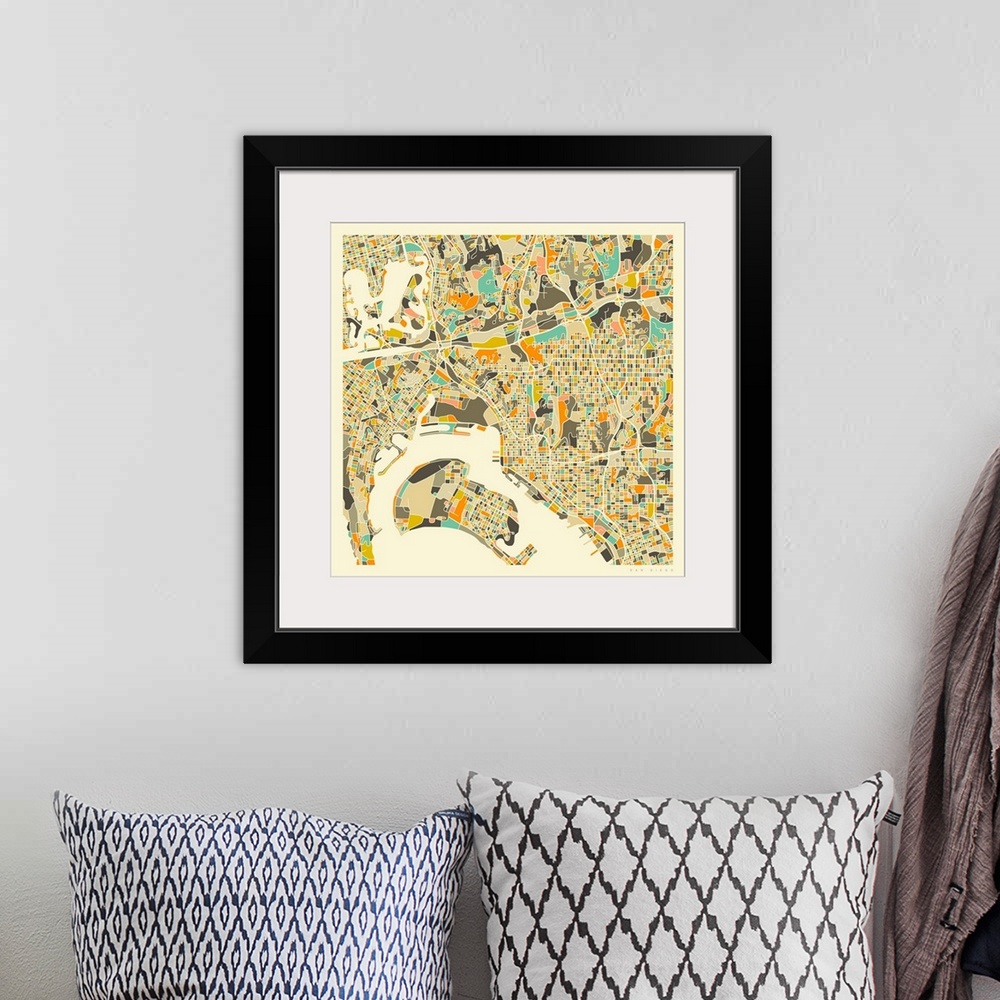 A bohemian room featuring Colorfully illustrated aerial street map of San Diego, California on a square background.