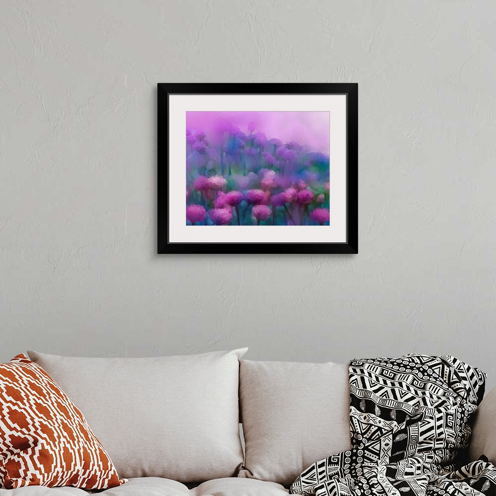 A bohemian room featuring Abstract flowers oil painting.