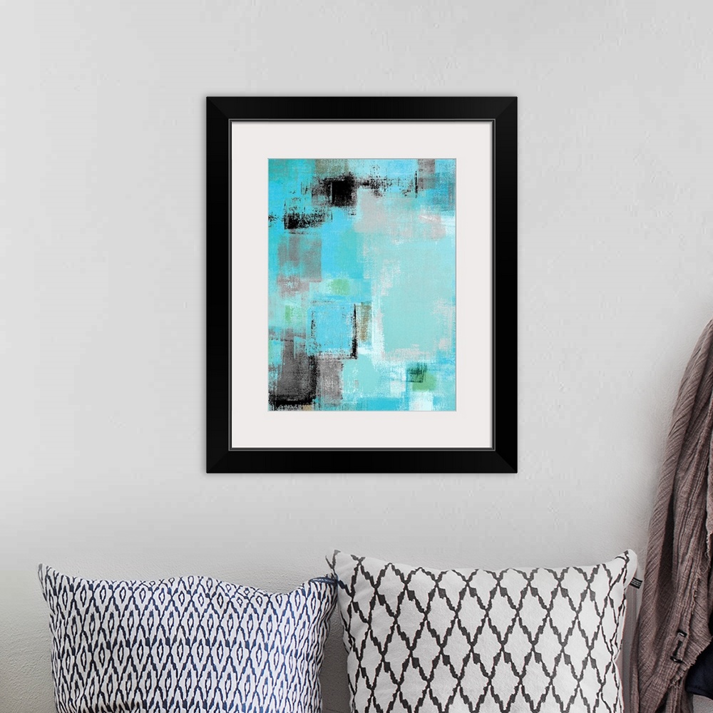 A bohemian room featuring Modern grey and blue abstract painting with simple lines and texture.