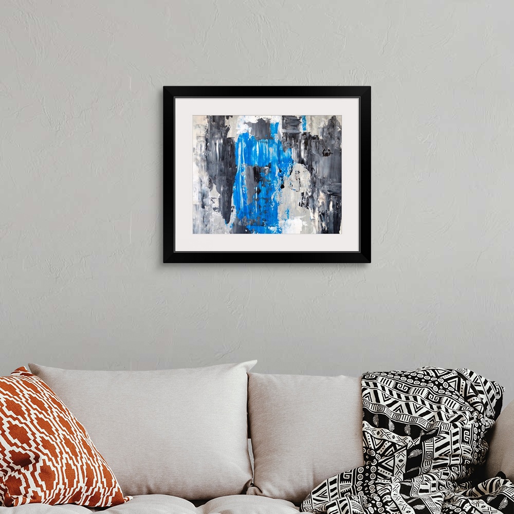 A bohemian room featuring Blue and Grey Abstract Art Painting