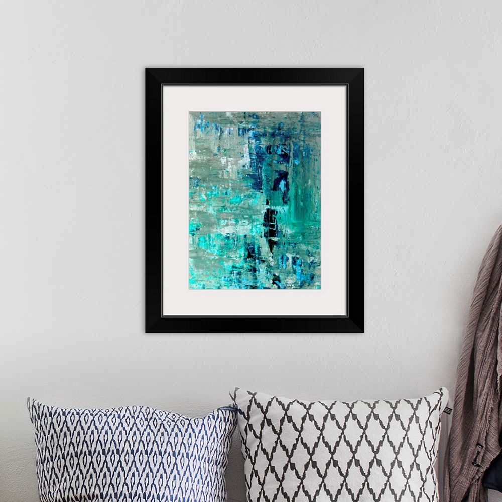 A bohemian room featuring Modern blue and beige abstract painting with simple lines and texture.