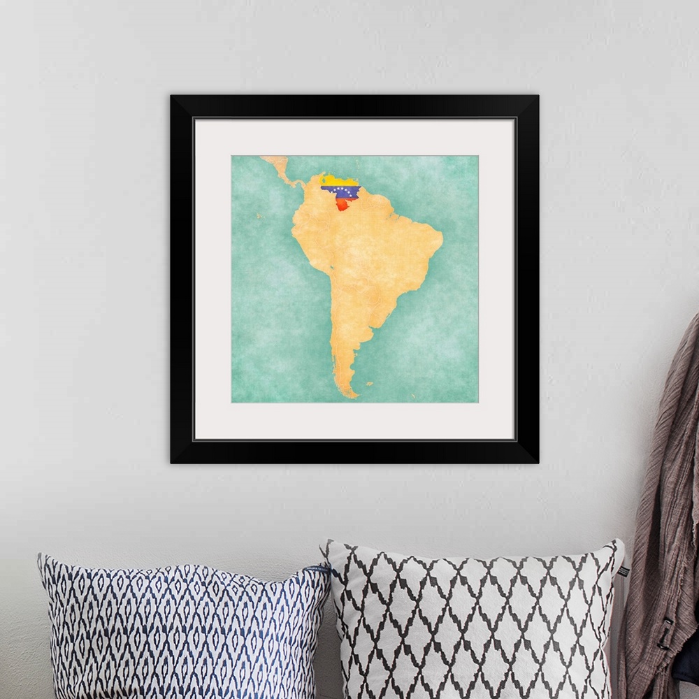 A bohemian room featuring Map Of South America - Venezuela (vintage Series)