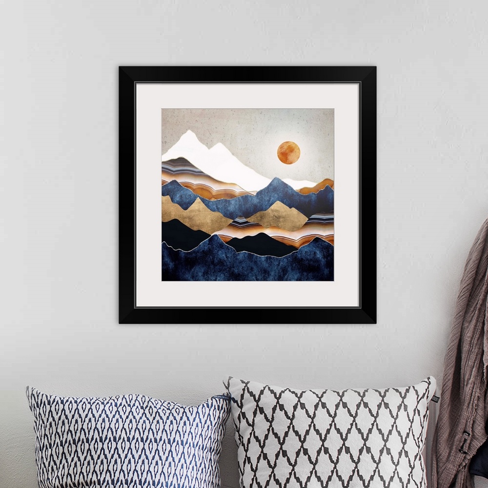 A bohemian room featuring Abstract depiction of a landscape with an amber sun and mountains.