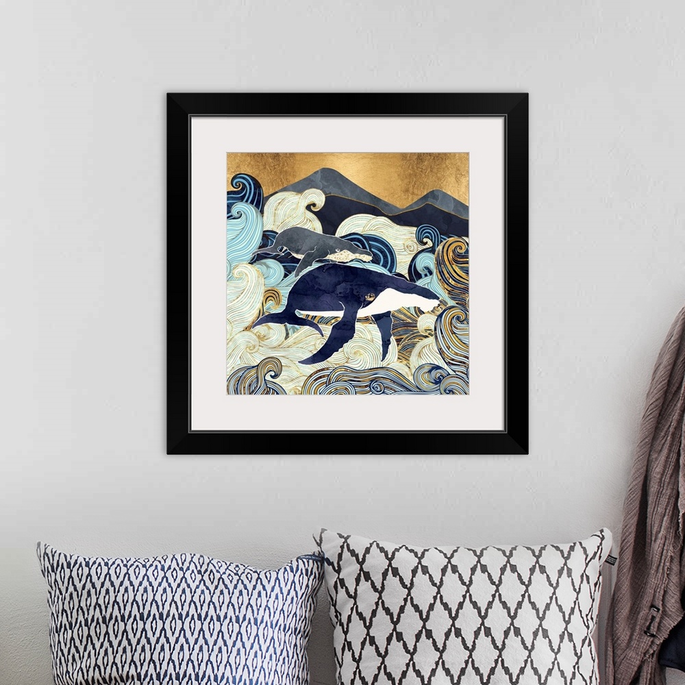 A bohemian room featuring Abstract depiction of whales, waves, mountains, gold, blue and white.