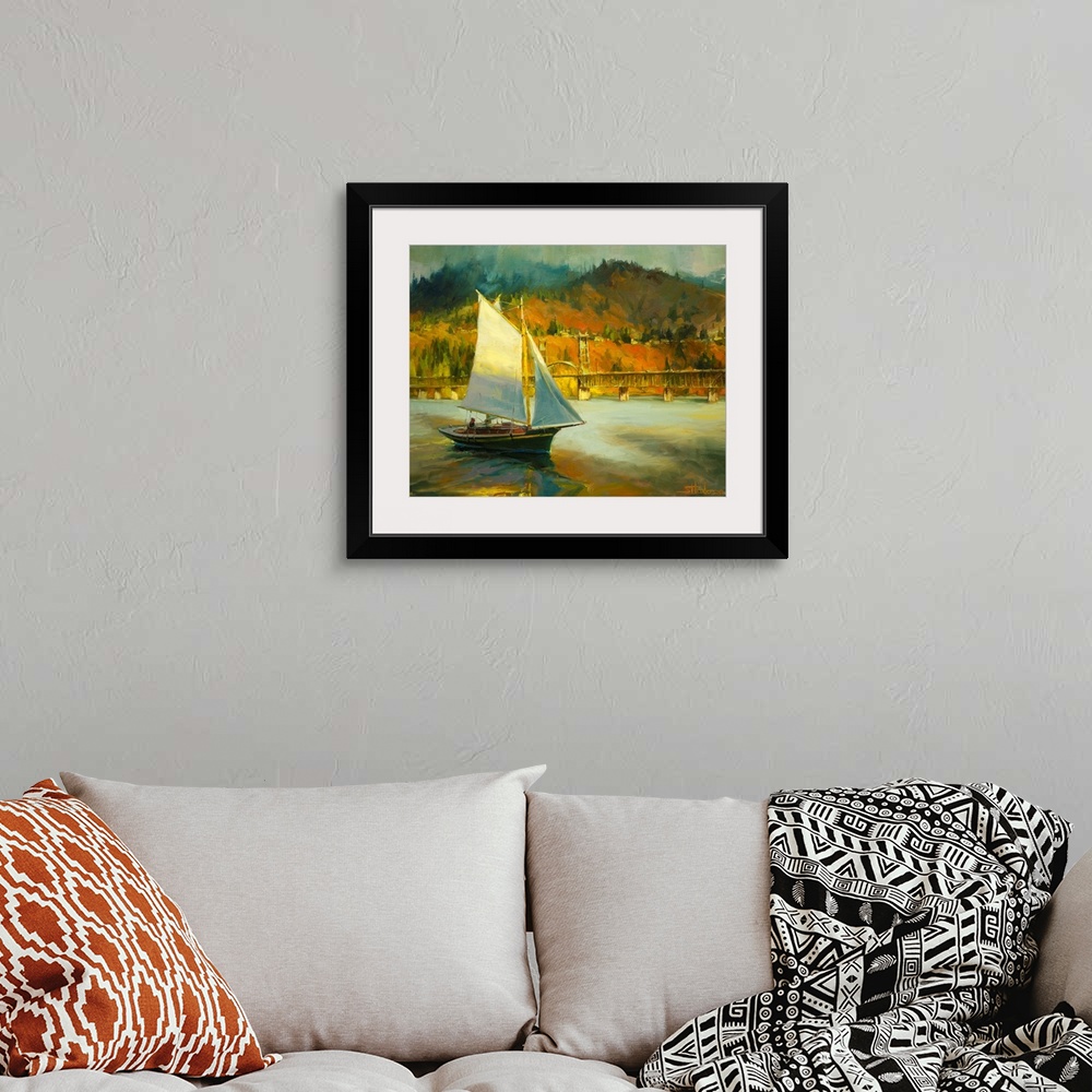 A bohemian room featuring Traditional painting of a sailboat on the Columbia River Gorge river in autumn near a bridge in t...